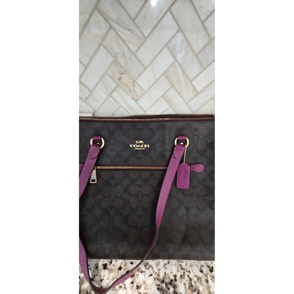 Coach Signature Gallery Tote Signature Canvas Brown Dark Magenta HandBag Purse - Picture 2 of 15